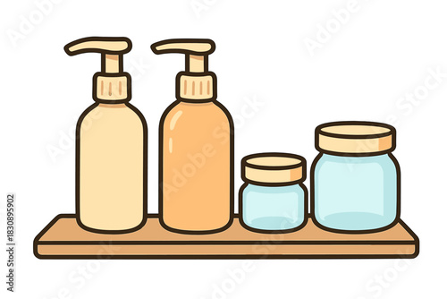 Assortment of cosmetic pump bottles and cream jars resting on a simple wooden bathroom shelf