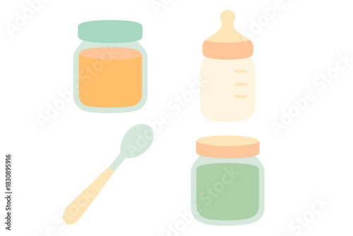 Set of essential baby feeding supplies with jars of purees, infant bottle, and spoon