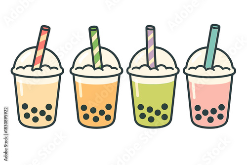 Colorful row of four bubble tea drinks with tapioca pearls and striped straws