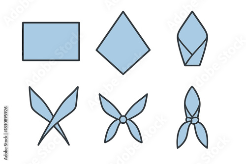 Six different folding styles and knots for scarves, bandanas, or neckerchiefs