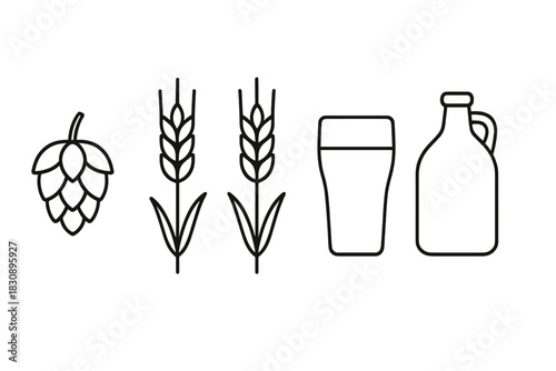 Essential beer brewing ingredients and containers: hops, barley, pint glass, and growler