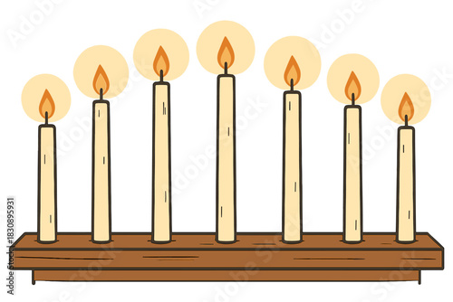 Seven lit candles burning brightly on a simple wooden holder for holiday tradition