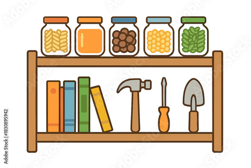 Storage shelf displaying kitchen pantry jars, colorful books, and essential household tools