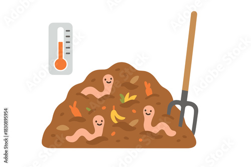 Vermicomposting process with earthworms breaking down organic waste monitored by a thermometer