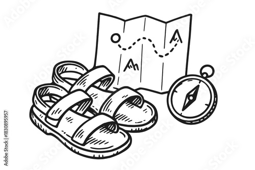 Outdoor adventure gear including hiking sandals, folded route map, and directional compass