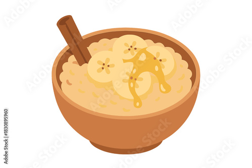 Healthy breakfast bowl of oatmeal topped with banana slices, honey, and cinnamon stick