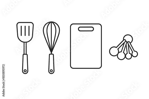 Outline symbols representing essential kitchen cooking tools and baking equipment