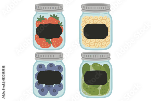 Set of four glass mason jars filled with preserved foods, berries, oats, and pickles with blank labels