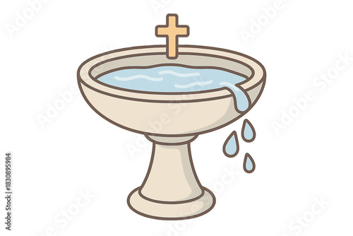 Traditional baptismal font filled with holy water and topped with a Christian cross symbol