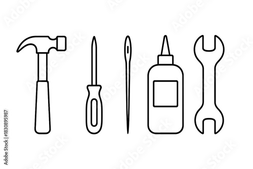 Essential maintenance and DIY tools including hammer wrench and adhesive