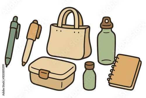 Everyday essentials collection featuring reusable bag, lunch box, pens, and water bottles in earthy tones