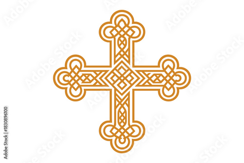 Detailed golden Christian cross with complex interwoven lines and decorative clover ends