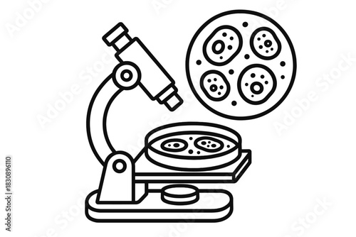 Scientific research equipment showing magnified cells in a petri dish under a microscope