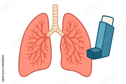 Human lungs with bronchial tubes and a blue asthma inhaler for respiratory disease treatment