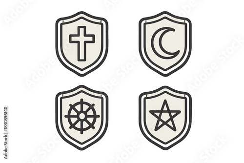 Four protective shields with icons representing major world religions