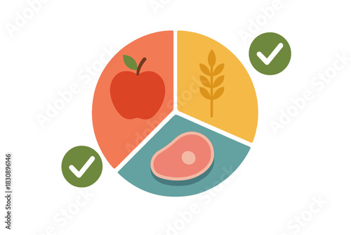 Circular diagram illustrating balanced food groups and checkmarks for healthy eating concept