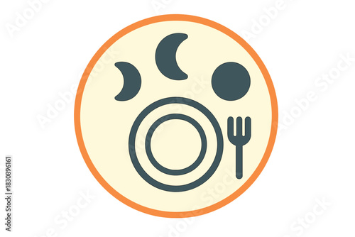 Intermittent fasting cycle symbol with dinnerware, plate, fork, and moon phases