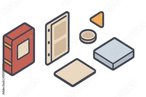 Isometric set of educational and supplies icons including a book and document holders
