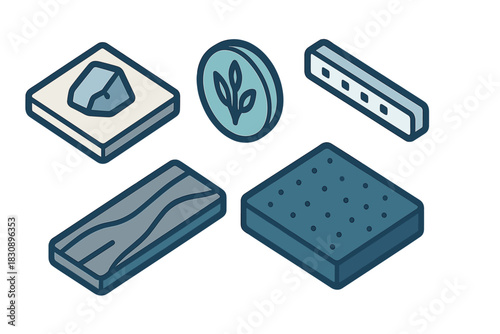 Abstract isometric objects representing natural materials including wood, stone, and organic elements