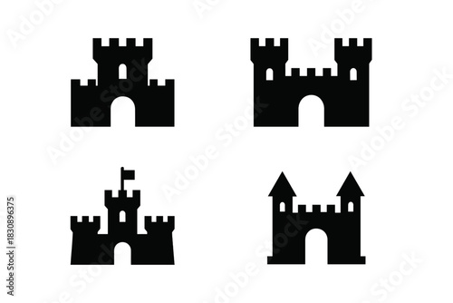 Four simple black castle and fortress silhouettes with towers and battlements