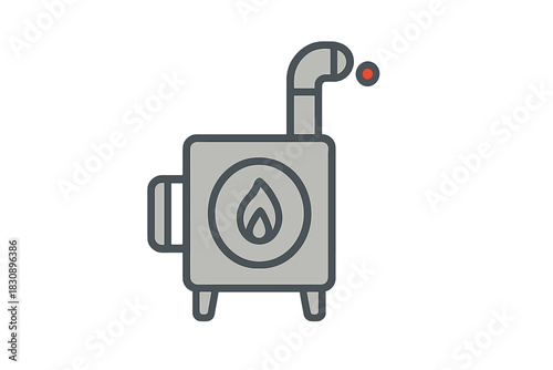 Gray minimalist heating stove icon featuring chimney pipe and internal flame symbol