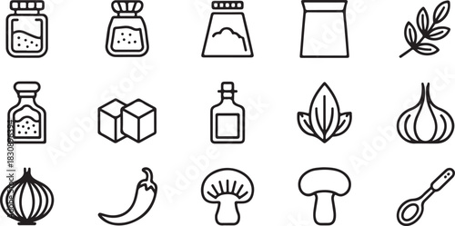 Line art drawing of food ingredients and seasonings including spice bottles sugar cubes and vegetables