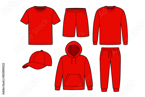 Blank red casual clothing collection template for fashion design mockups and apparel branding
