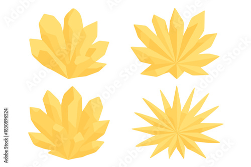Four abstract yellow gem clusters and faceted star shapes in a geometric style