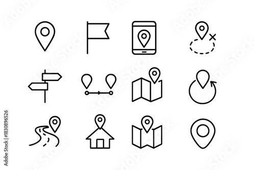 GPS navigation and location service symbols including map pins, route tracking, and direction signs