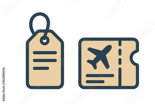 Simple outline icons showing an airline boarding pass and a baggage identification tag