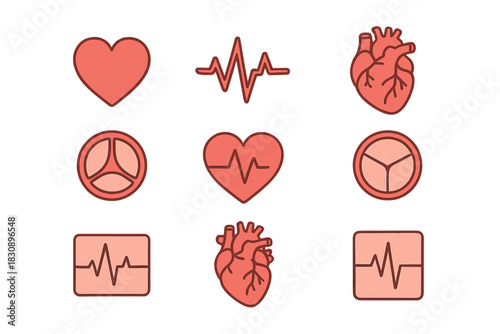 Cardiology symbols showing anatomical heart, pulse rate, and heart valve