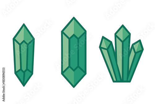 Set of three stylized green mineral crystals or magic gems isolated on white background