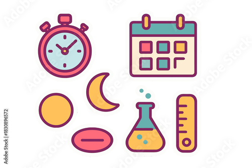 Colorful sticker collection featuring time, schedule, science, and health icons