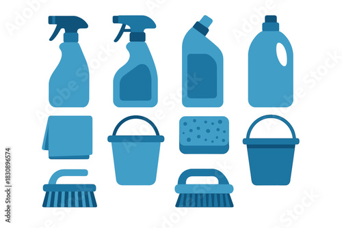 Collection of essential household cleaning supplies and tools in blue tones