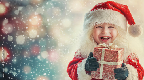 Happy child dressed as santa claus holding a christmas gift with falling snow and festive lights