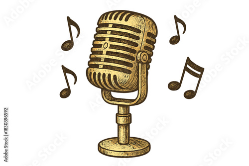 Classic retro style golden microphone surrounded by floating musical notes for audio performance