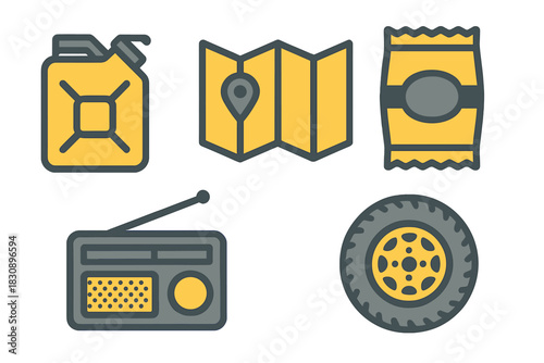 Essential icons for outdoor adventure and road trips featuring fuel, map, radio, and snacks