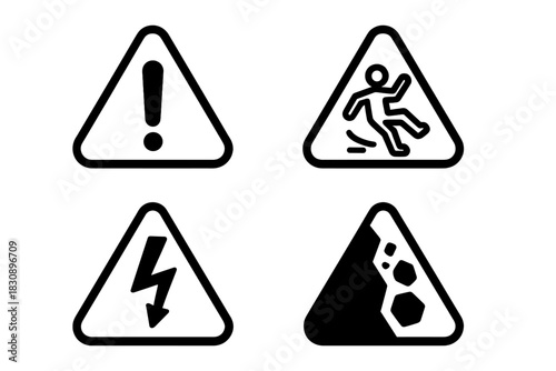 Four essential black and white triangular warning signs indicating danger, slippery surfaces, electricity, and falling rocks