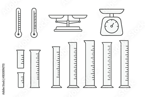 Outline icons of laboratory and kitchen measuring tools and instruments