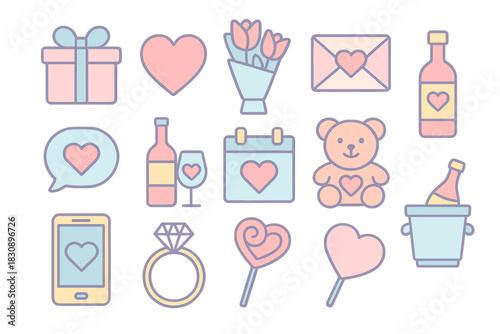 Pastel color icon set for Valentine's Day and romantic celebration themes