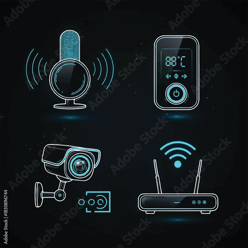 Wireless Microphone Digital Thermostat Security Camera and Wi Fi Router Set for Home and Office vector icon set