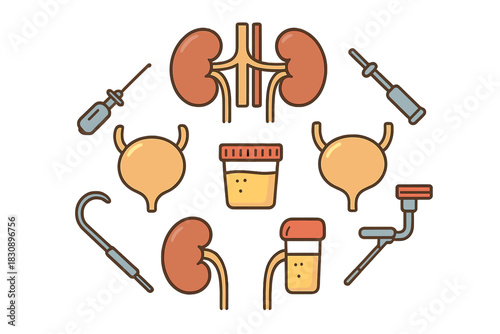 Seamless pattern of human kidneys, bladder, urine cups, and urological surgical instruments