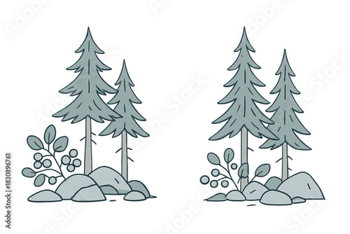 Minimalist outdoor composition of coniferous trees, natural boulders, and wild foliage