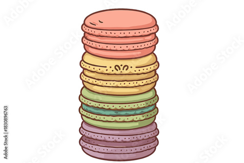 Tall stack of sweet French macarons in various pastel colors isolated on white background