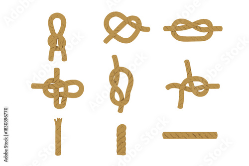 Essential nautical and climbing knots made from thick brown braided rope on white