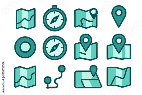 Essential travel and navigation icons featuring folded maps, compasses, and location markers