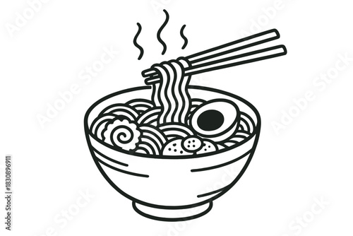Steaming bowl of traditional Japanese ramen noodles with egg and fish cake lifted by chopsticks