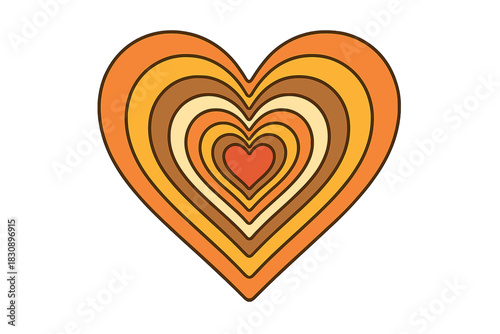 Abstract concentric heart shape design in retro 70s style with warm earthy colors and vintage aesthetic
