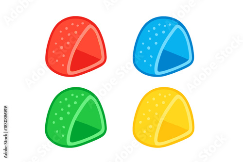 Brightly colored assortment of four sugar-coated jelly candies isolated on white