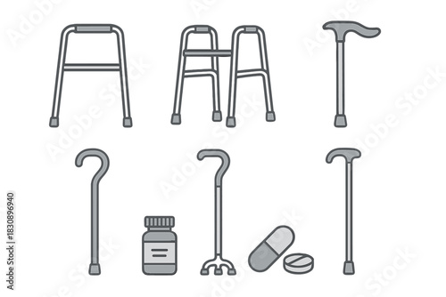 Collection of mobility aids and medical supplies including various canes, walkers, and prescription medication